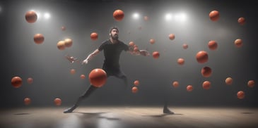 Juggling in photorealistic style with dark overhead lighting
