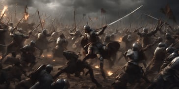 Battle in photorealistic style with dark overhead lighting