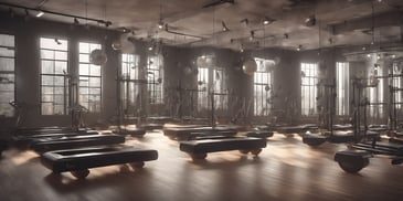 Pilates in photorealistic style with dark overhead lighting