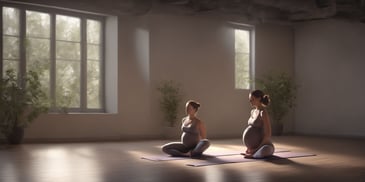 Prenatal yoga in photorealistic style with dark overhead lighting