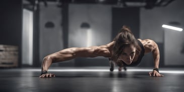 Push-ups in photorealistic style with dark overhead lighting