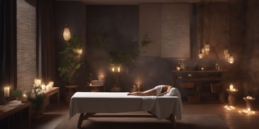 Massage in photorealistic style with dark overhead lighting
