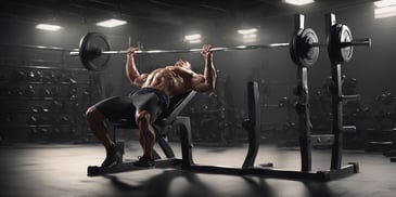 Bench press in photorealistic style with dark overhead lighting