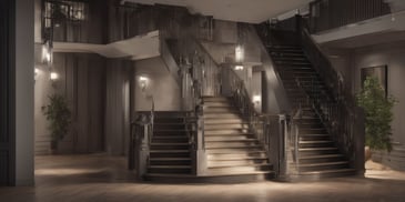 Stair climber in photorealistic style with dark overhead lighting